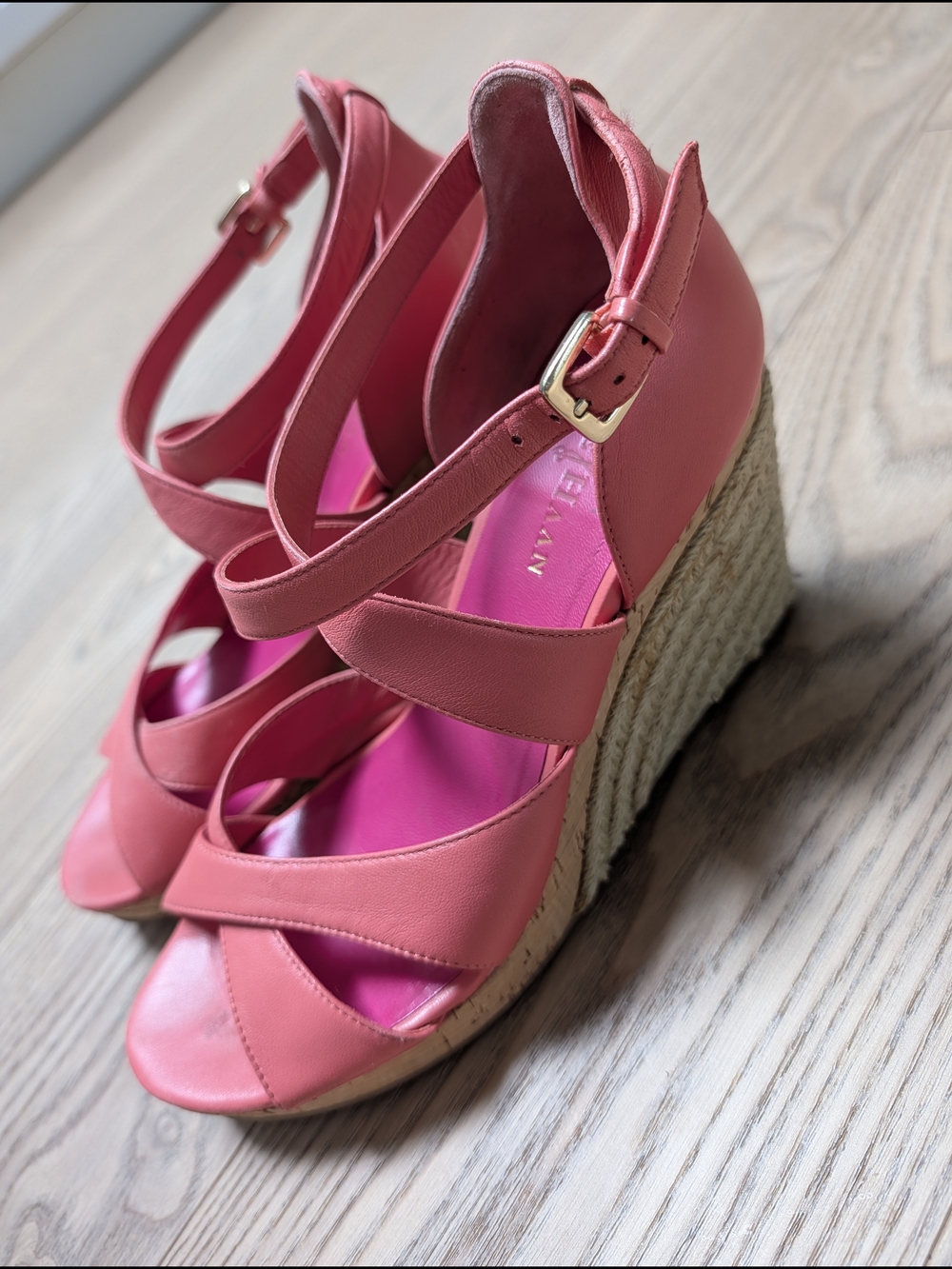 Cole Haan Coral Pink Leather Crisscross Wedge Espadrilles 8.5